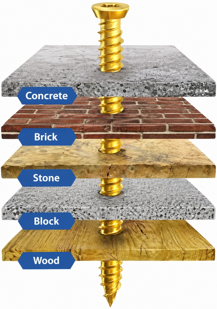 Concrete screw fixing through concrete, brick, stone, block, and wood